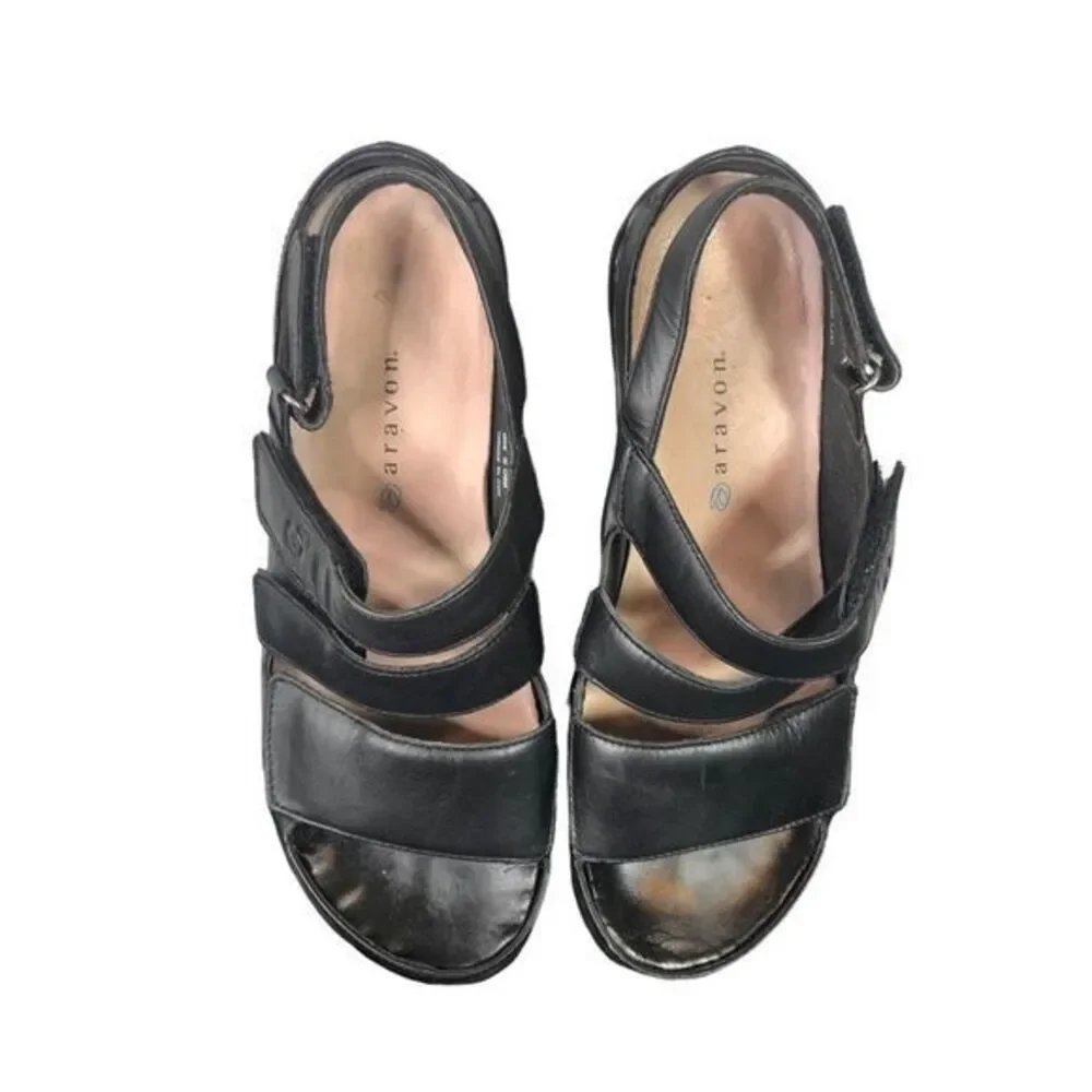 Aravon Megan Sandals Women’s 7B Comfort Adjustable Heeled Black Leather‎ Strap